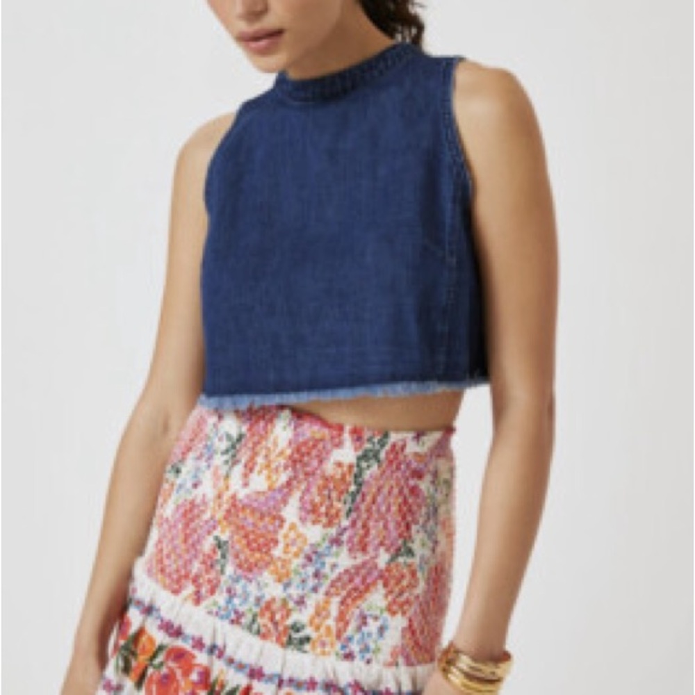 Pilcro Denim Open-Back Tie Crop Top Raw Hem